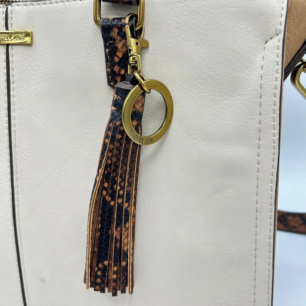 Rachel Zoe Helsie Satchel Snakeskin Print Faux Leather Ivory Cream Tassel Charm